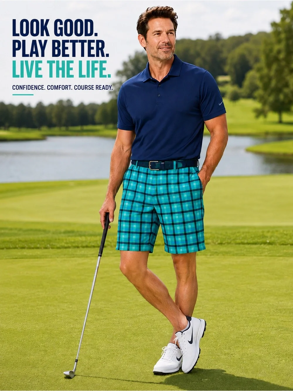 Nike Dri-FIT Hybrid Plaid Golf Shorts Performance Teal Multi Color 36